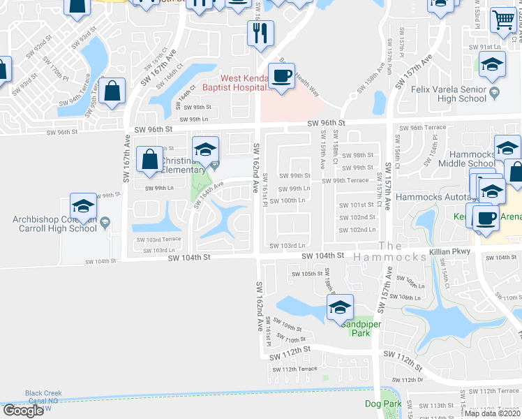 map of restaurants, bars, coffee shops, grocery stores, and more near 10076-10094 Southwest 161st Place in Miami