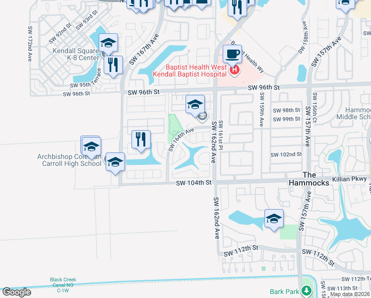 map of restaurants, bars, coffee shops, grocery stores, and more near 16318 Southwest 100th Terrace in Miami