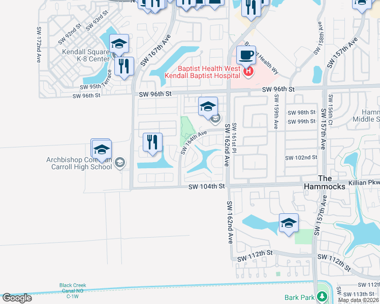 map of restaurants, bars, coffee shops, grocery stores, and more near 16318 Southwest 100th Terrace in Miami