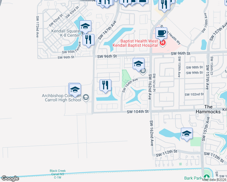 map of restaurants, bars, coffee shops, grocery stores, and more near 10055 Southwest 165th Court in Miami