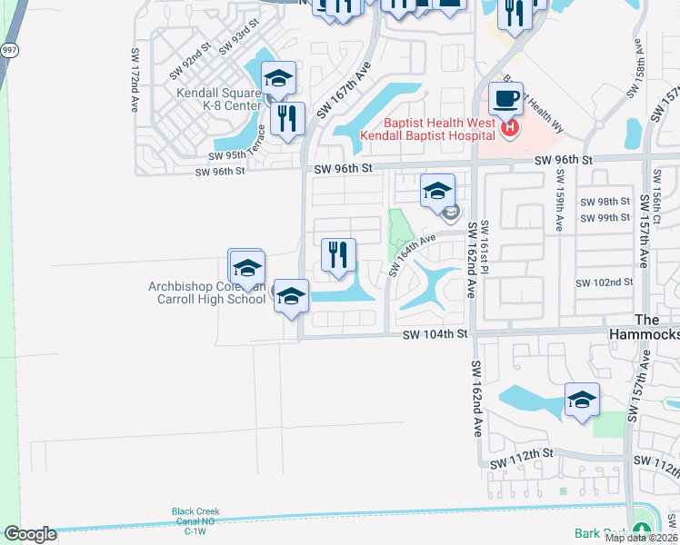 map of restaurants, bars, coffee shops, grocery stores, and more near 10038 Southwest 166th Avenue in Miami