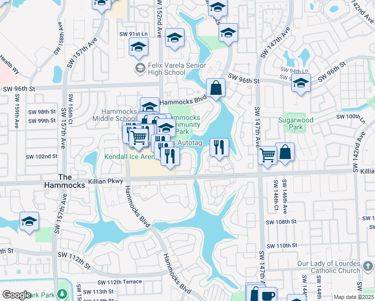 map of restaurants, bars, coffee shops, grocery stores, and more near 15067 Southwest 103rd Terrace in Miami