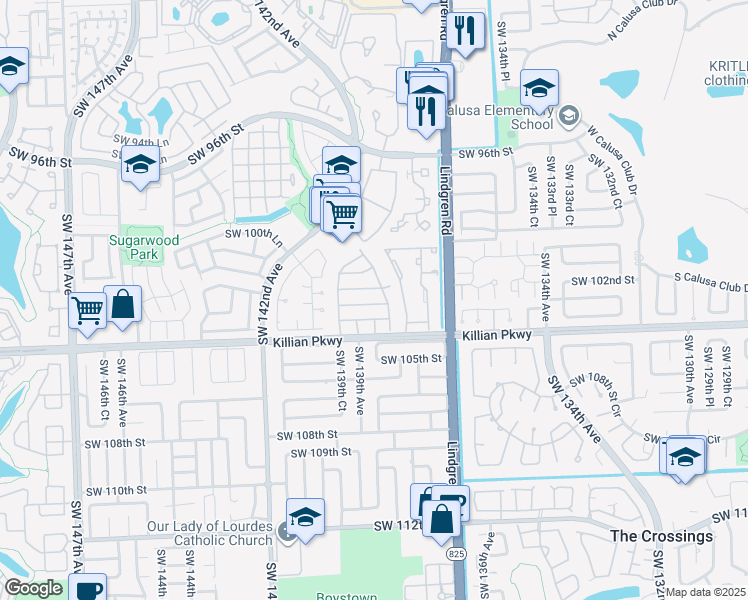 map of restaurants, bars, coffee shops, grocery stores, and more near 13875 Southwest 102nd Lane in Miami