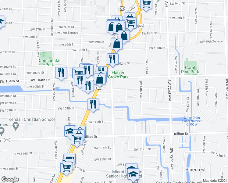 map of restaurants, bars, coffee shops, grocery stores, and more near 7650 Southwest 105th Terrace in Miami