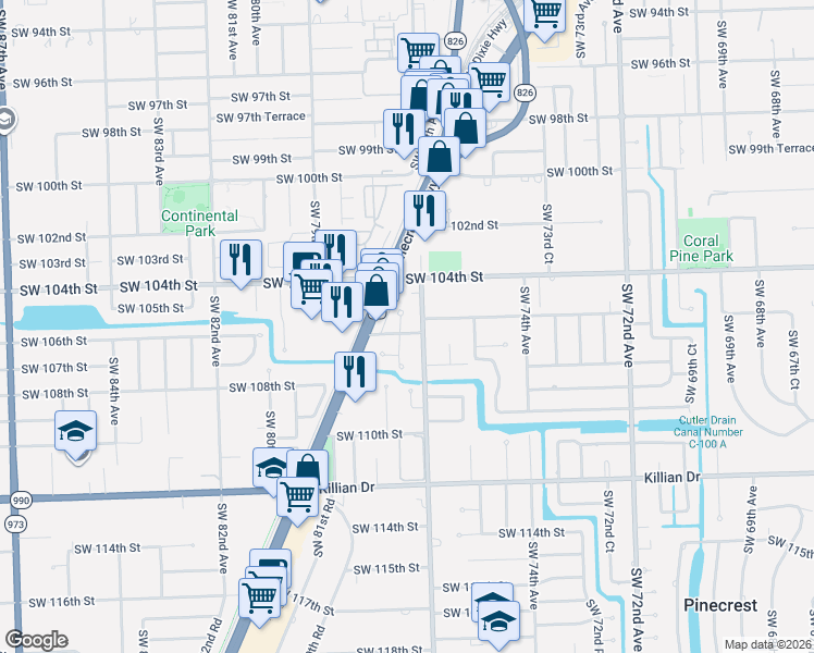 map of restaurants, bars, coffee shops, grocery stores, and more near 10550 Southwest 77th Avenue in Miami