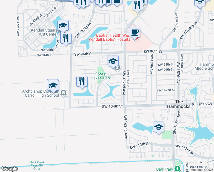 map of restaurants, bars, coffee shops, grocery stores, and more near 16318 Southwest 100th Terrace in Miami