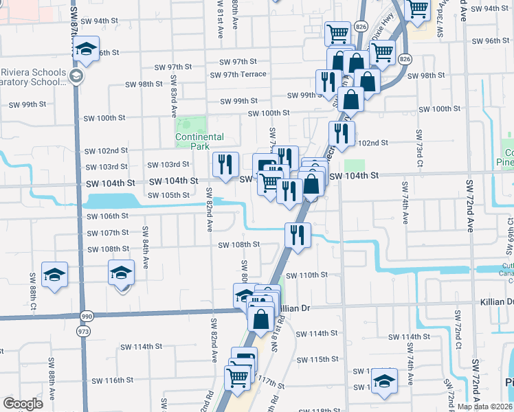 map of restaurants, bars, coffee shops, grocery stores, and more near 7800 Southwest 104th Street in Miami