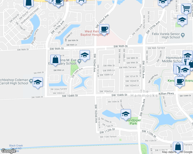 map of restaurants, bars, coffee shops, grocery stores, and more near 10094 Southwest 161st Place in Miami