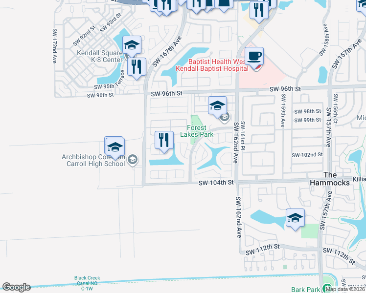 map of restaurants, bars, coffee shops, grocery stores, and more near 10061 Southwest 164th Court in Miami