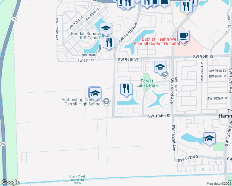 map of restaurants, bars, coffee shops, grocery stores, and more near 10070 Southwest 166th Court in Miami