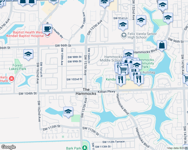 map of restaurants, bars, coffee shops, grocery stores, and more near 15624 Southwest 100th Lane in Miami