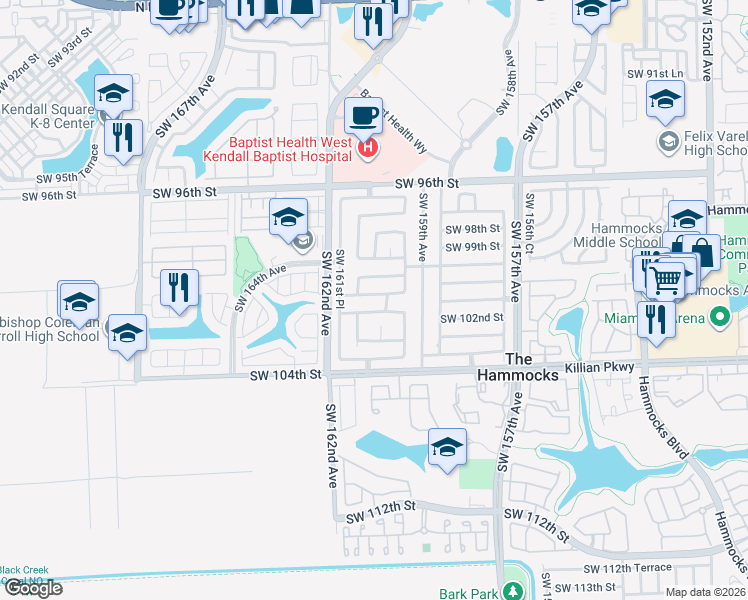 map of restaurants, bars, coffee shops, grocery stores, and more near 16030 Southwest 100th Lane in Miami