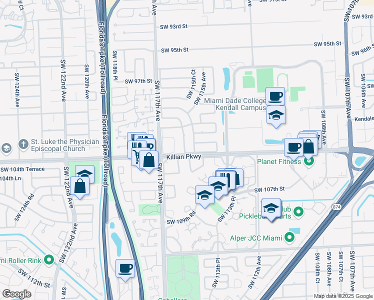 map of restaurants, bars, coffee shops, grocery stores, and more near 10325 Southwest 115th Court in Miami