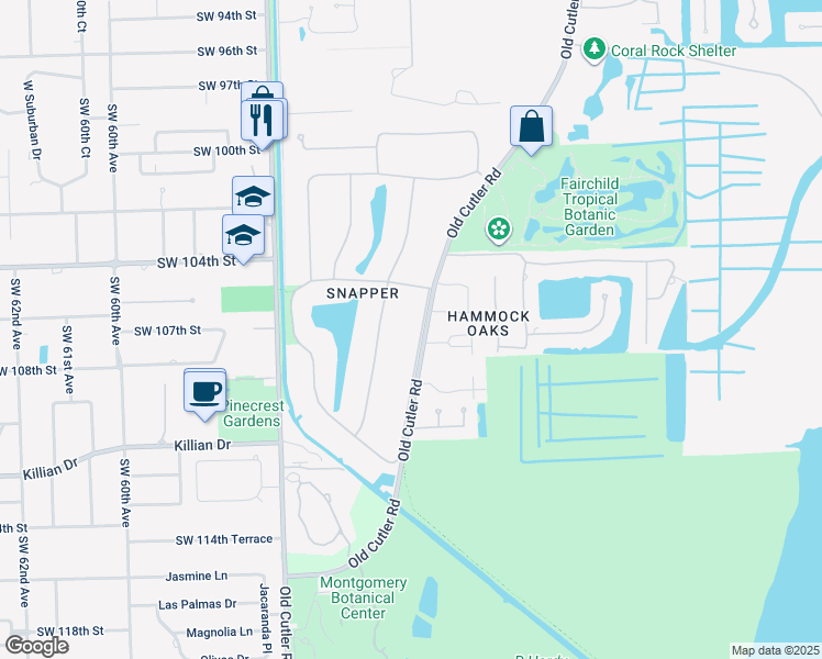 map of restaurants, bars, coffee shops, grocery stores, and more near 10600 Old Cutler Road in Coral Gables