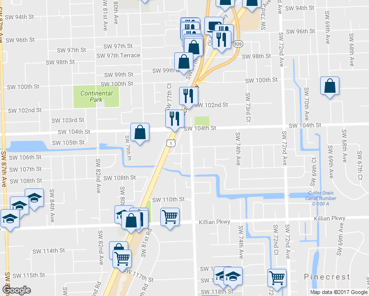map of restaurants, bars, coffee shops, grocery stores, and more near 10550 Southwest 77th Avenue in Miami