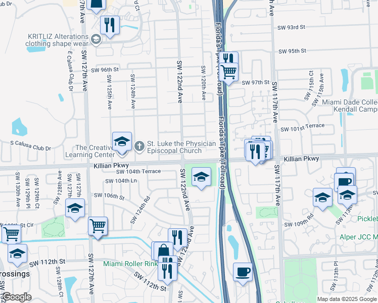 map of restaurants, bars, coffee shops, grocery stores, and more near 12104 Southwest 103rd Street in Miami