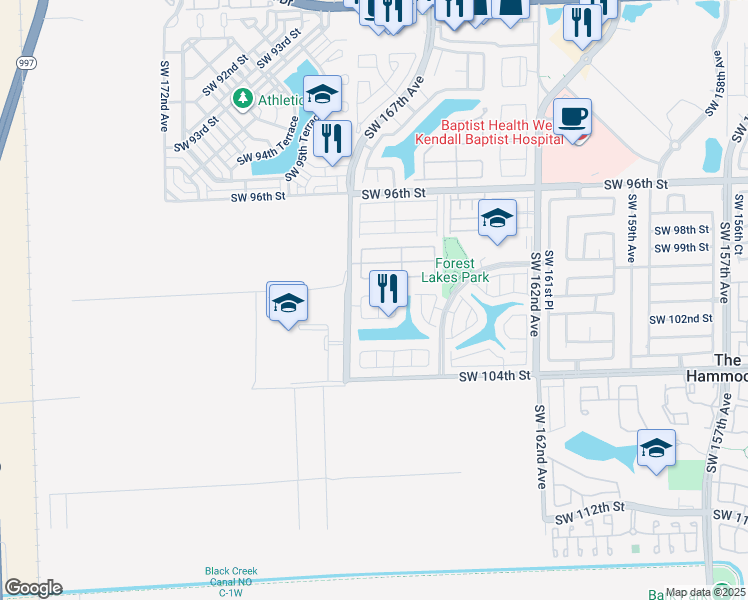 map of restaurants, bars, coffee shops, grocery stores, and more near 10038 Southwest 166th Avenue in Miami
