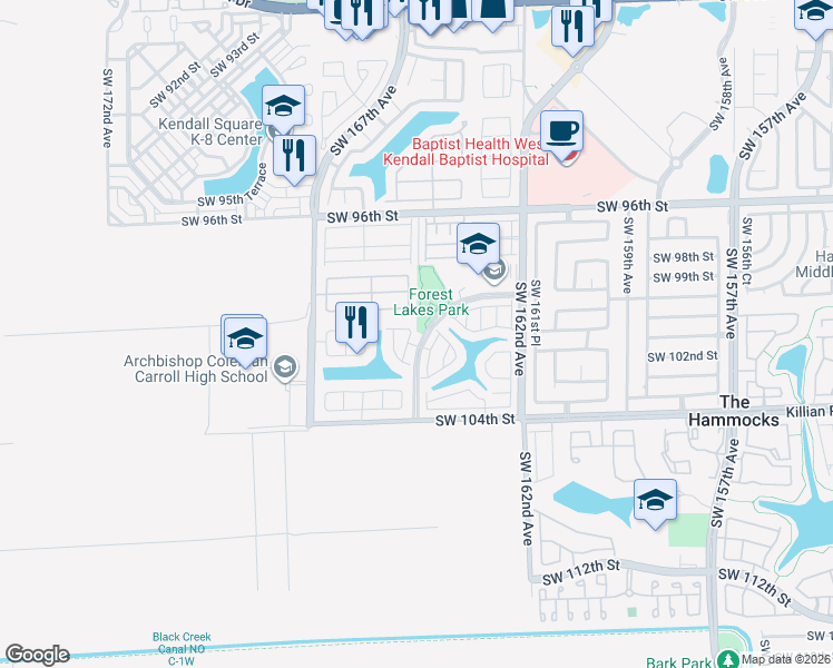 map of restaurants, bars, coffee shops, grocery stores, and more near 10061 Southwest 164th Court in Miami