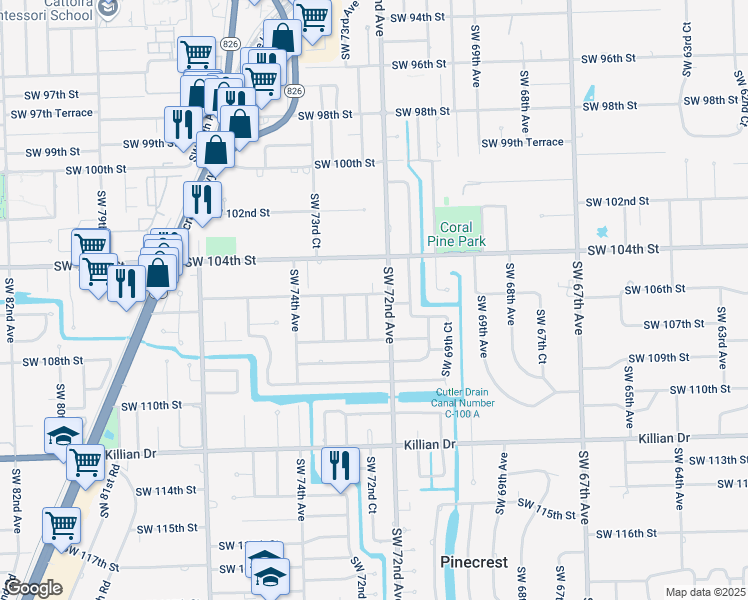 map of restaurants, bars, coffee shops, grocery stores, and more near 7220 Southwest 105th Terrace in Miami