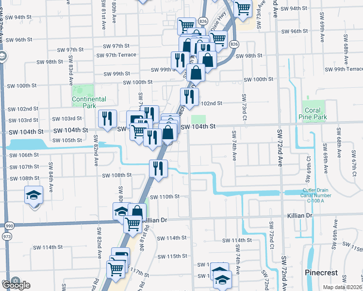 map of restaurants, bars, coffee shops, grocery stores, and more near 10550 Southwest 77th Avenue in Miami