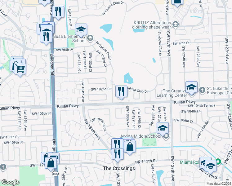 map of restaurants, bars, coffee shops, grocery stores, and more near 10254 Southwest 131st Court in Miami