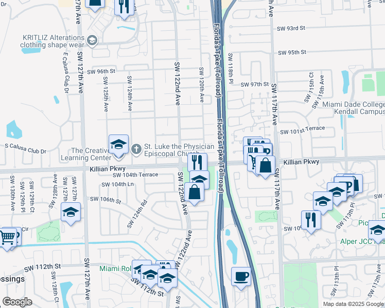 map of restaurants, bars, coffee shops, grocery stores, and more near 12104 Southwest 103rd Street in Miami