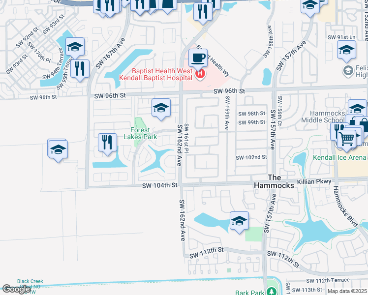 map of restaurants, bars, coffee shops, grocery stores, and more near 10076 Southwest 161st Place in Miami