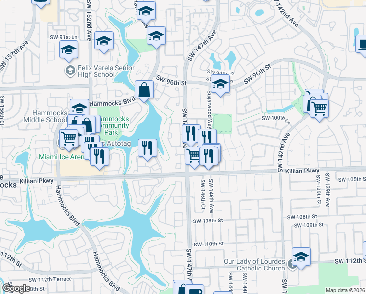 map of restaurants, bars, coffee shops, grocery stores, and more near 10073 SW 147th Ct in Miami
