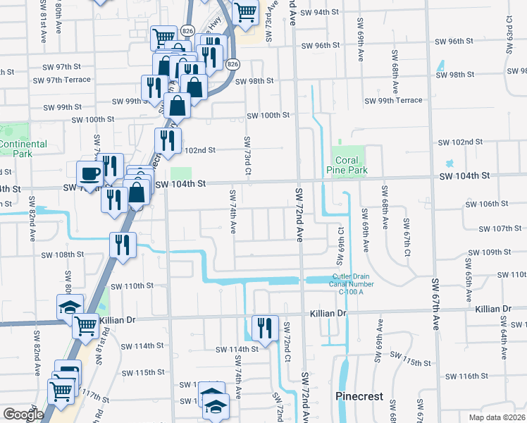 map of restaurants, bars, coffee shops, grocery stores, and more near 7300 Southwest 105th Terrace in Miami