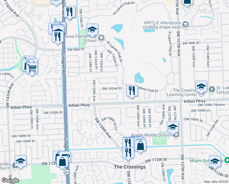map of restaurants, bars, coffee shops, grocery stores, and more near 13241 Southwest 102nd Terrace in Miami