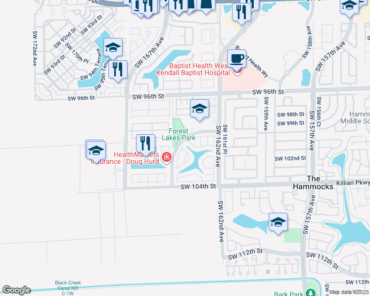 map of restaurants, bars, coffee shops, grocery stores, and more near 16318 Southwest 100th Terrace in Miami