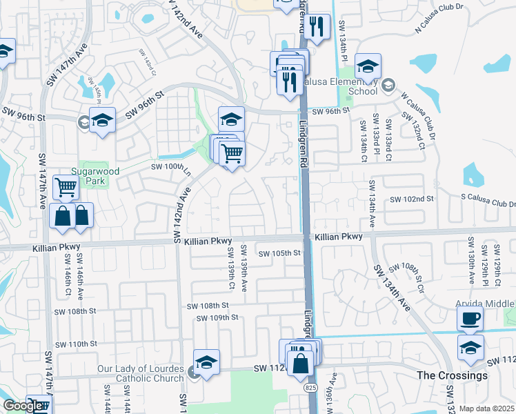 map of restaurants, bars, coffee shops, grocery stores, and more near 10240 Southwest 138th Court in Miami