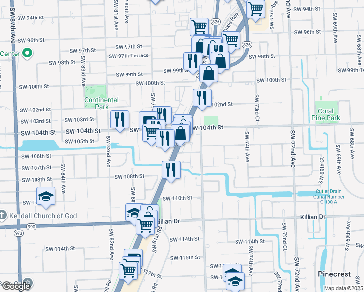 map of restaurants, bars, coffee shops, grocery stores, and more near 10533 South Dixie Highway in Pinecrest