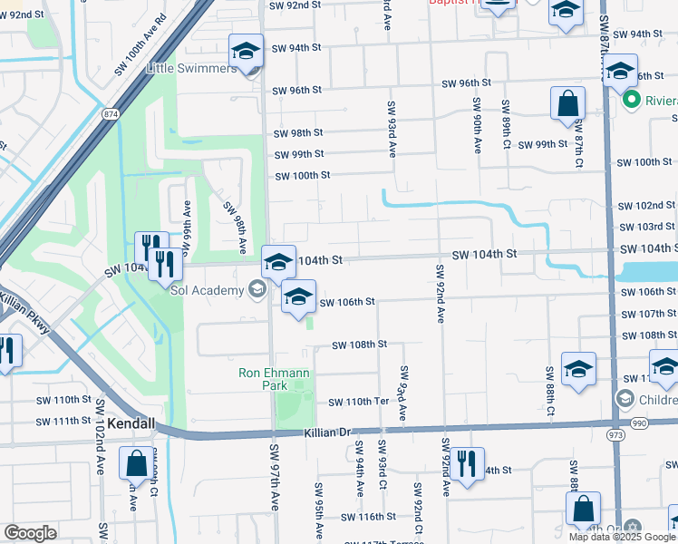 map of restaurants, bars, coffee shops, grocery stores, and more near 9400 Southwest 104th Street in Miami