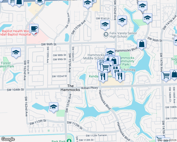 map of restaurants, bars, coffee shops, grocery stores, and more near 10047 Southwest 156th Avenue in Miami