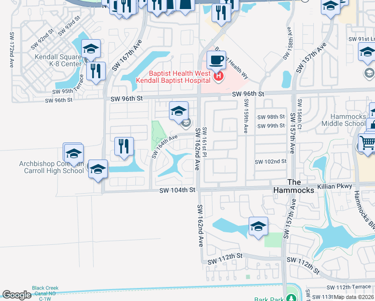 map of restaurants, bars, coffee shops, grocery stores, and more near 16242 Southwest 100th Terrace in Miami