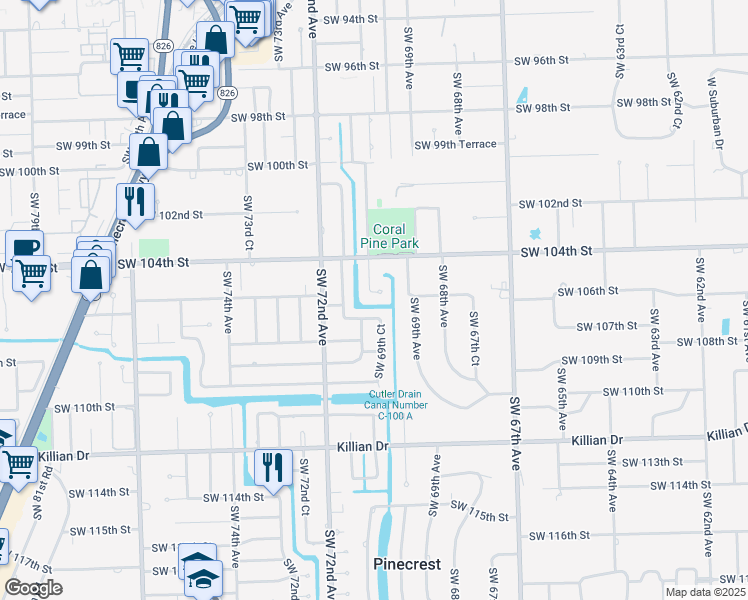 map of restaurants, bars, coffee shops, grocery stores, and more near 6980 Southwest 105th Street in Miami
