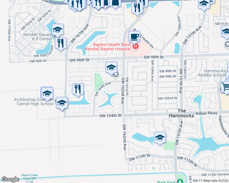 map of restaurants, bars, coffee shops, grocery stores, and more near 16242 Southwest 100th Terrace in Miami