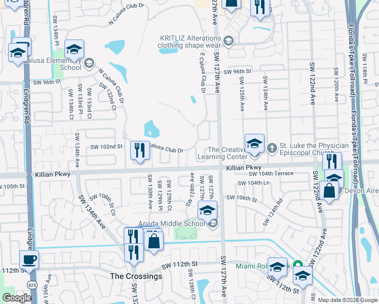 map of restaurants, bars, coffee shops, grocery stores, and more near 10255 Southwest 128th Court in Miami