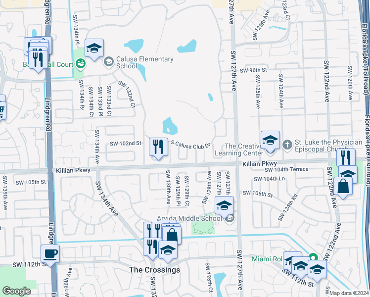 map of restaurants, bars, coffee shops, grocery stores, and more near 10254 SW 129th Ct in Miami