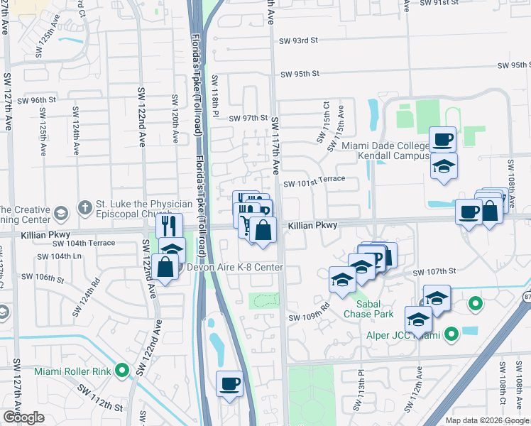 map of restaurants, bars, coffee shops, grocery stores, and more near 11743 Southwest 103rd Lane in Miami