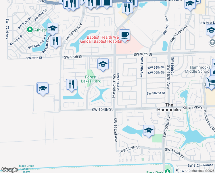 map of restaurants, bars, coffee shops, grocery stores, and more near 16242 Southwest 100th Terrace in Miami