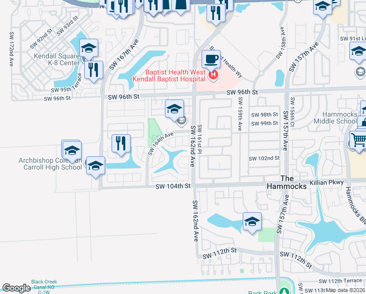 map of restaurants, bars, coffee shops, grocery stores, and more near 16242 Southwest 100th Terrace in Miami