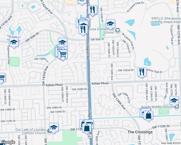 map of restaurants, bars, coffee shops, grocery stores, and more near 13660 Southwest 102nd Lane in Miami