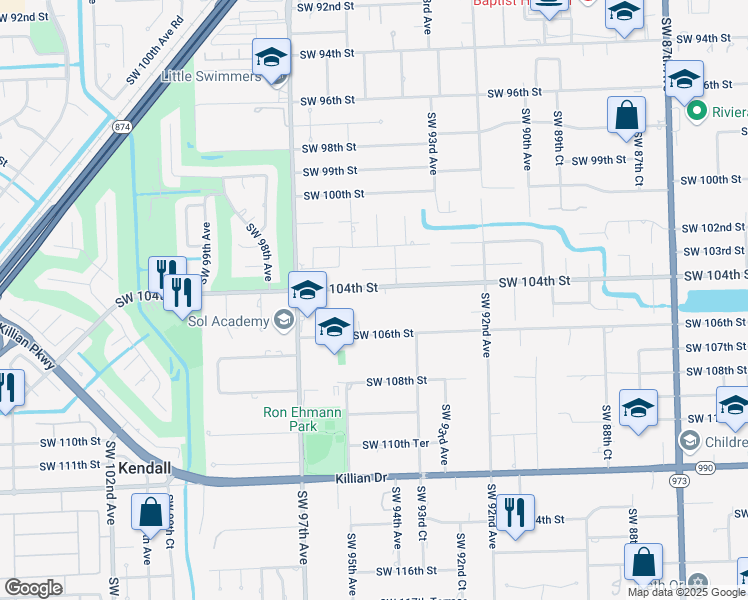 map of restaurants, bars, coffee shops, grocery stores, and more near 9400 Southwest 104th Street in Miami