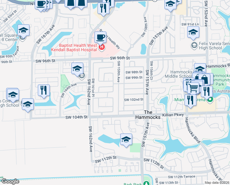 map of restaurants, bars, coffee shops, grocery stores, and more near 10055 Southwest 159th Court in Miami