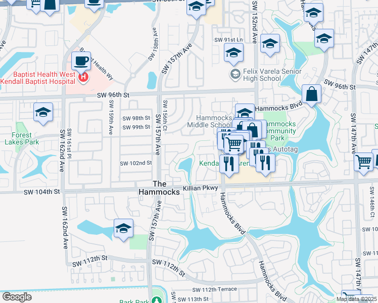 map of restaurants, bars, coffee shops, grocery stores, and more near 10047 Southwest 156th Avenue in Miami