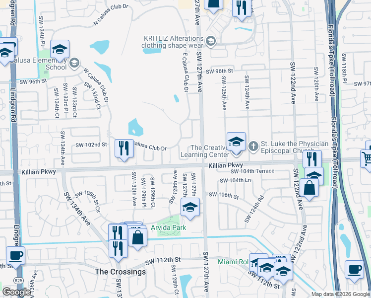 map of restaurants, bars, coffee shops, grocery stores, and more near 10252 Southwest 127th Place in Miami
