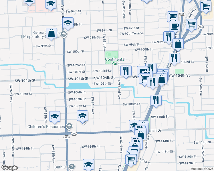 map of restaurants, bars, coffee shops, grocery stores, and more near 8320 Southwest 105th Street in Miami