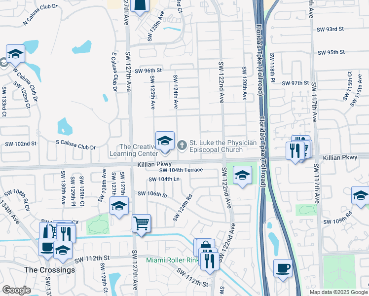 map of restaurants, bars, coffee shops, grocery stores, and more near 10245 Southwest 124th Avenue in Miami